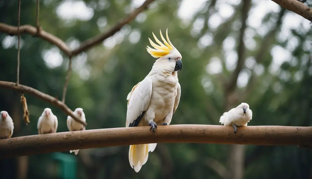 A spacious aviary with natural perches, toys, and foraging opportunities for a contented cockatoo