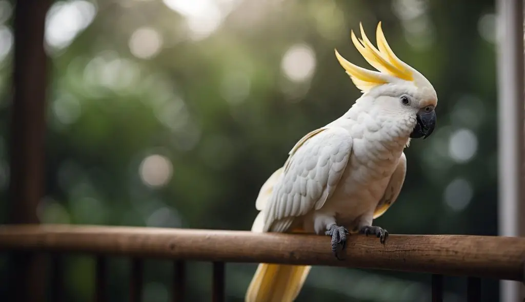 A cockatoo perches on a wooden stand, feathers fluffed and eyes half-closed. Soft music plays in the background as a gentle breeze rustles the leaves outside the window