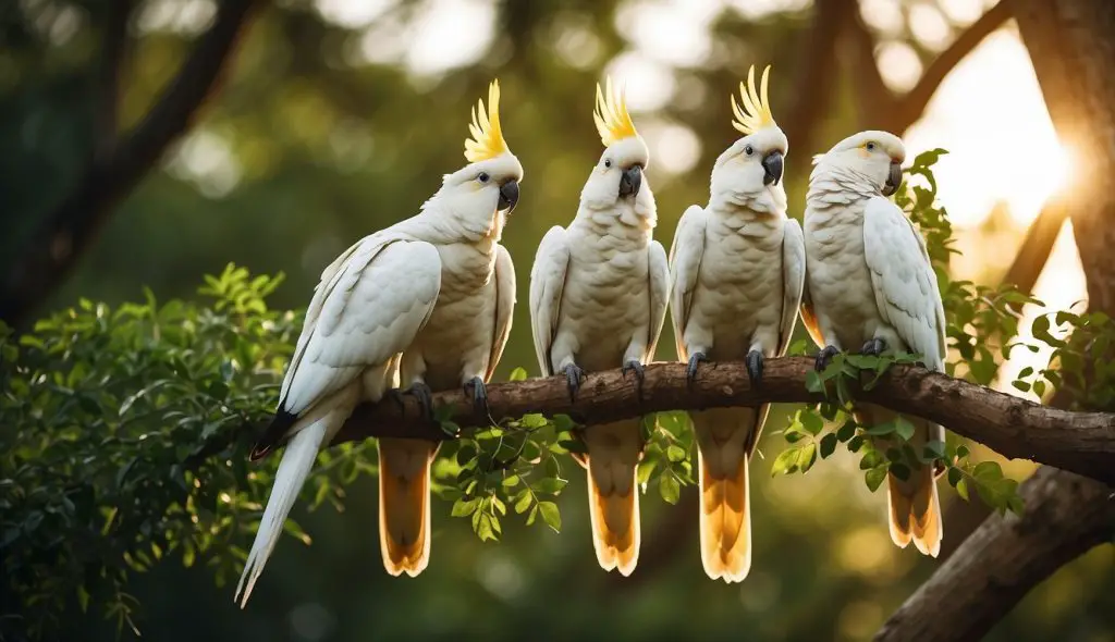 A group of cockatoos perched on a tall tree, surrounded by lush green foliage. The sun is setting, casting a warm glow on the birds as they preen their feathers and interact with each other