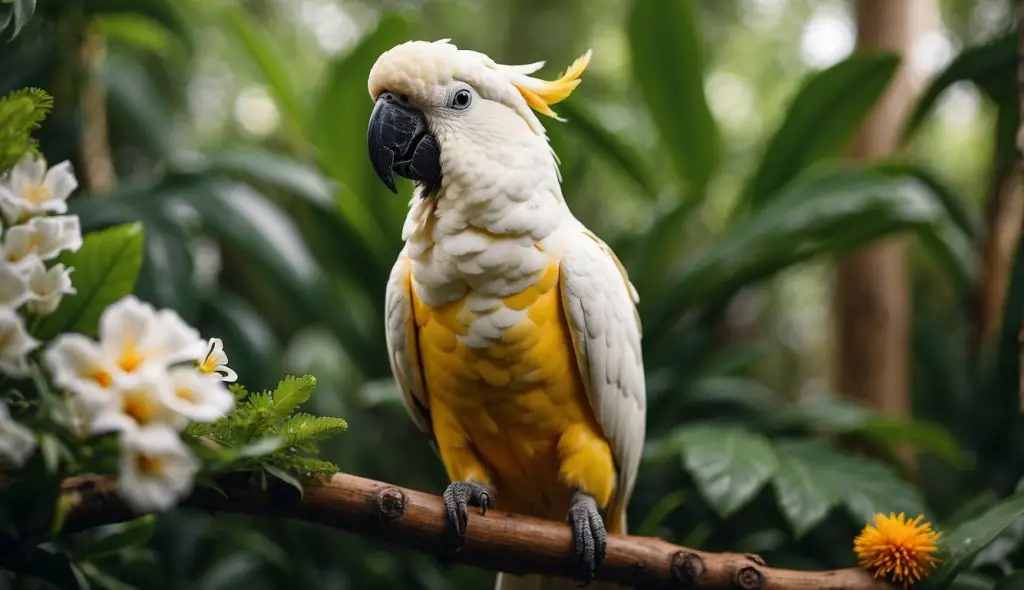 A vibrant cockatoo perched on a branch, surrounded by lush green foliage. A veterinarian gently examines the bird, surrounded by medical equipment and healthy food options