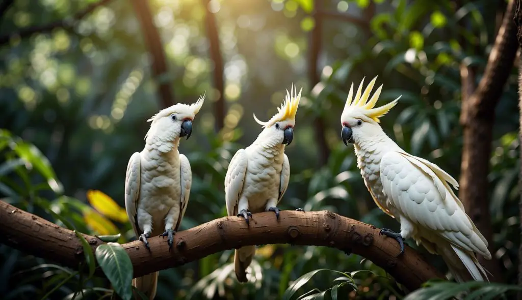 A group of cockatoos perched in a lush, diverse forest, surrounded by other wildlife and interacting with each other, showcasing their strong social bonds and access to a variety of food sources