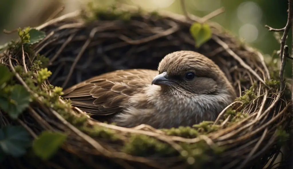 A sleeping bird in a cozy nest, emitting soft chirping noises