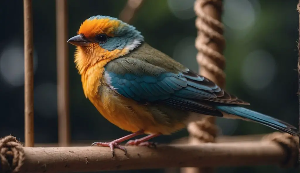 A colorful bird perched in a spacious cage with natural perches, toys, and a cozy sleeping area. The bird is peacefully sleeping, but occasionally makes soft chirping noises