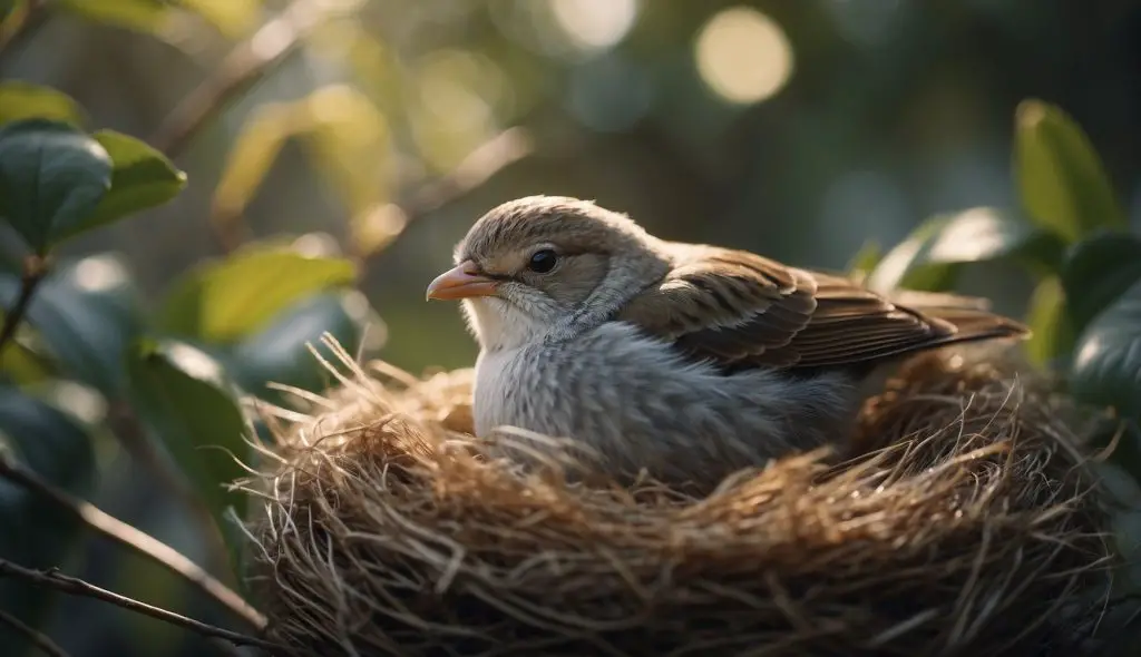 A sleeping bird with its beak slightly open, emitting soft chirping noises in a cozy nest surrounded by feathers and branches