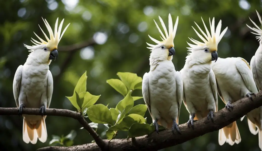 A group of cockatoos squawk loudly in a tree, flapping their wings and hopping around. Their vibrant feathers stand out against the green leaves