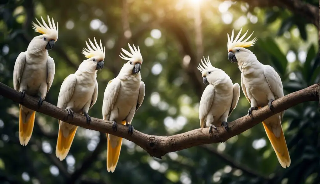 A cacophony of screeching cockatoos perched in a lush, leafy tree, their vibrant feathers catching the sunlight as they squawk and chatter loudly