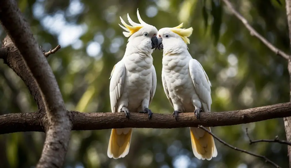 A cockatoo perched on a tree branch squawking loudly, while another cockatoo nearby listens intently. The surrounding foliage and other wildlife add to the vibrant and noisy atmosphere