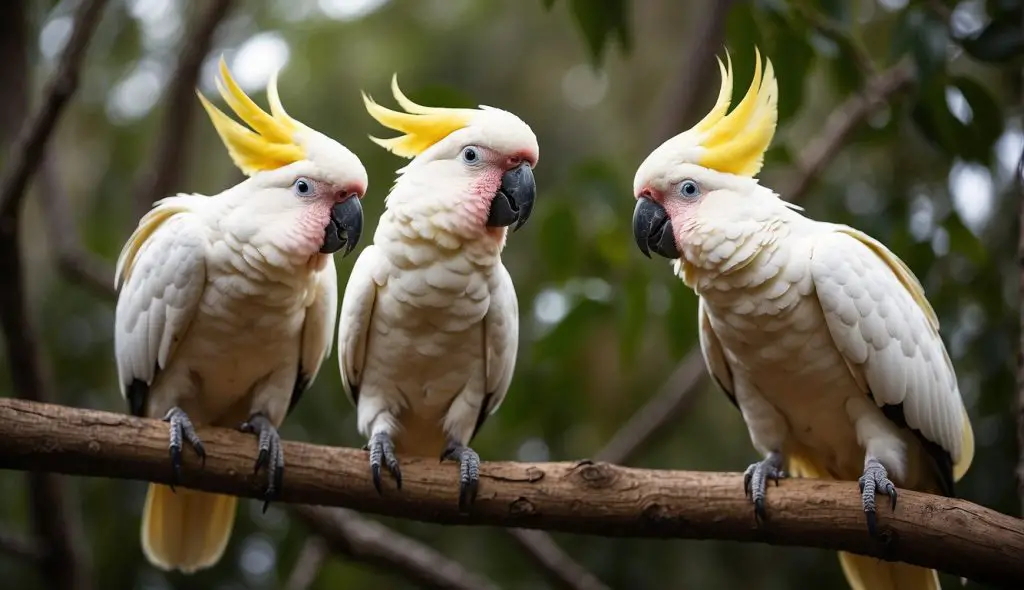 Two colorful cockatoos perched on a tree branch, squawking loudly. One cockatoo is being fed by the other