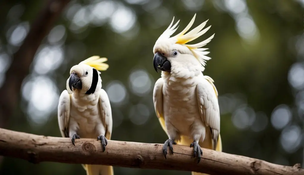 A white cockatoo perched on a wooden branch, feathers fluffed, beak open in a loud scream, with a puzzled expression on its face