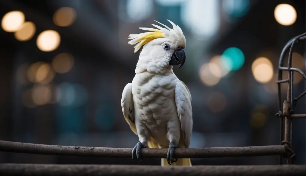 A cockatoo perched in a cage, surrounded by noisy urban environment and lonely, with no social interaction