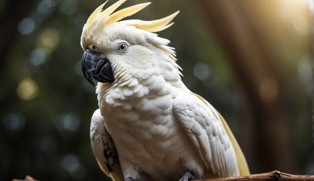 A white cockatoo perched on a wooden branch, feathers ruffled, head tilted, and body trembling slightly