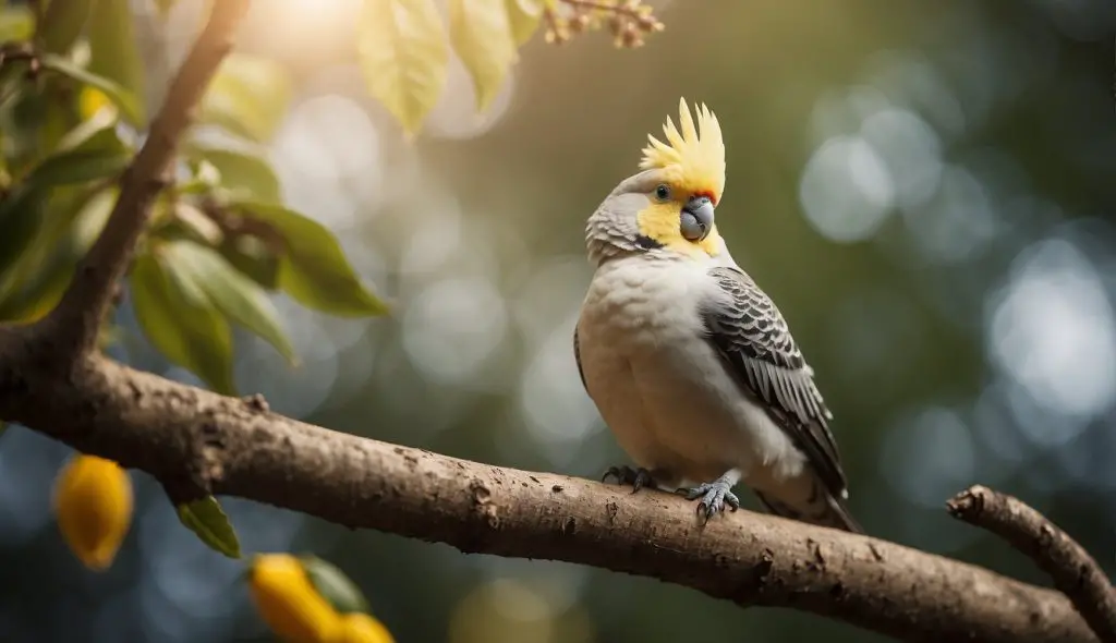 A cockatiel perched on a branch with a price tag nearby