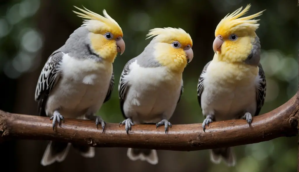 Two cockatiels perch on a wooden branch, preening each other's feathers. They interact playfully, chirping and grooming