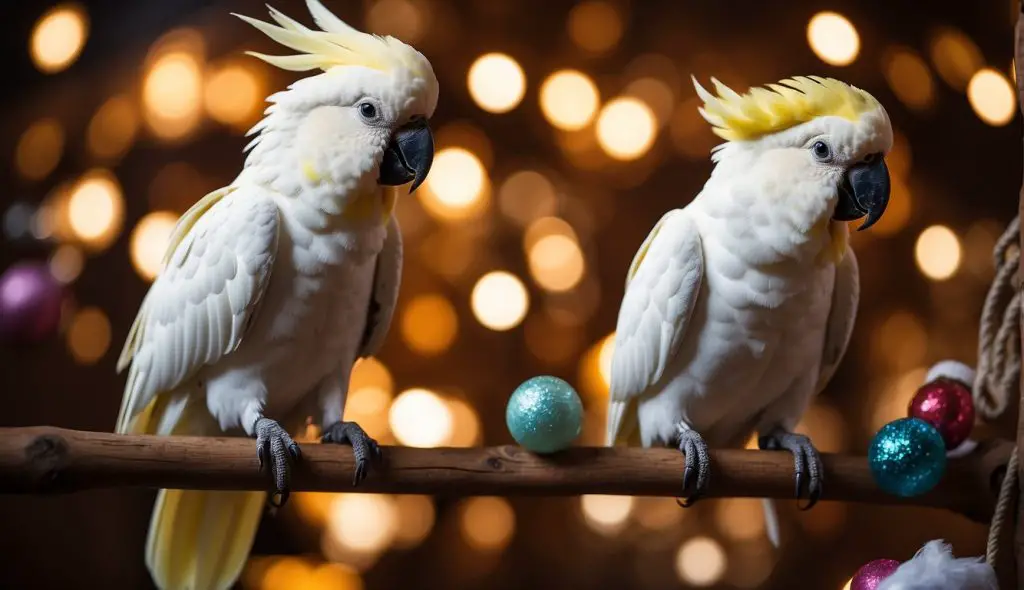 A cockatoo perched on a wooden stand, surrounded by calming elements like soft music, gentle lighting, and a variety of toys and treats