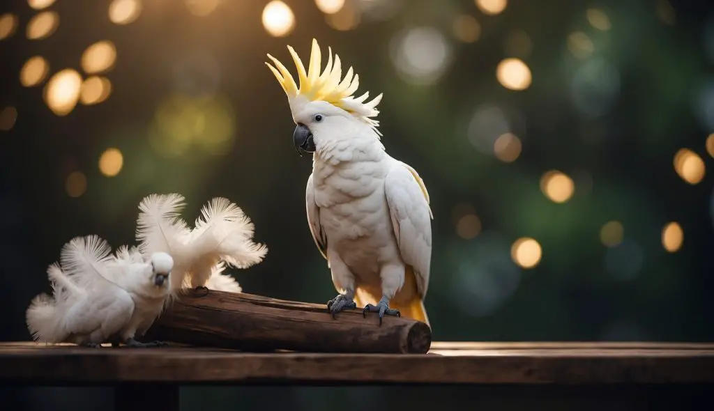 A cockatoo perched on a wooden stand, feathers ruffled. A calm atmosphere with soft lighting and soothing music in the background